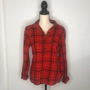 Red Plaid 3/4 Button Down Long Sleeve Shirt